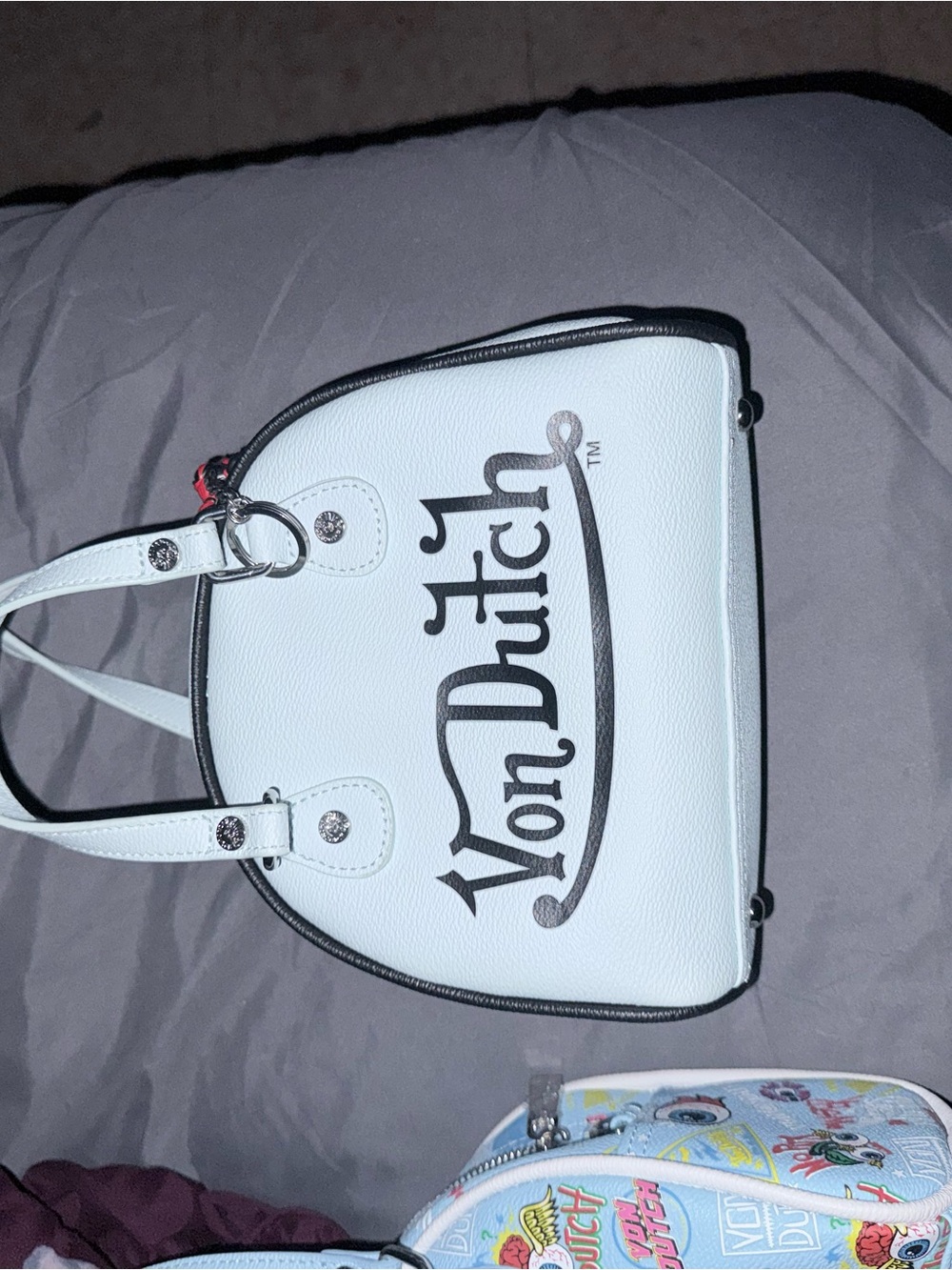 Von Dutch White Satchel with Black Logo Trim